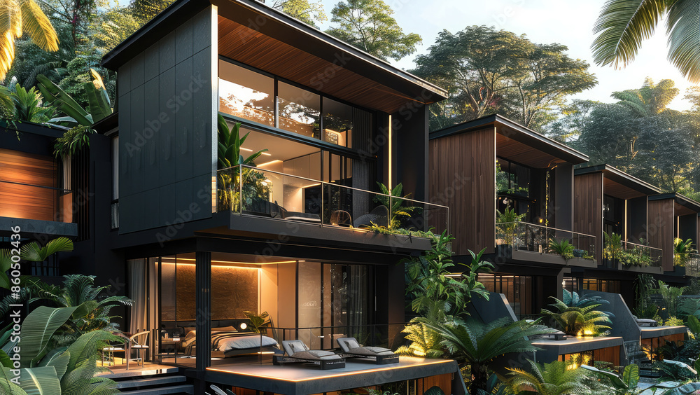 Poster a set of modern minimalist townhouses with angular geometry and black wood cladding, nestled in the 