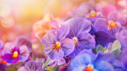 Flower bed with Common violets Viola Odorata flowers in bloom traditional easter flowers flower background easter spring background Close up macro photo selective focus : Generative AI