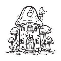 Cute fairy house design for coloring book, black vector illustration on white background