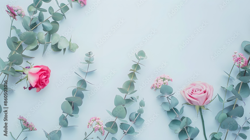 Poster flowers composition rose flowers and eucalyptus branches on white background flat lay top view copy 