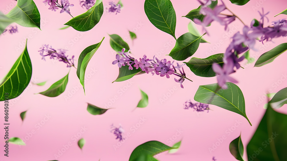 Poster Fresh lilac beautiful green leaves falling in the air isolated on pink background Zero gravity or levitation spring flowers conception high resolution image : Generative AI