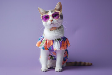 Cute cat in summer dress on purple background.