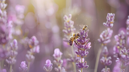 Honey bee pollinating lavender flowers Plant decay with insects Blurred summer background of lavender flowers with bees Beautiful wallpaper soft focus Lavender Field Bee flying over fl : Generative AI