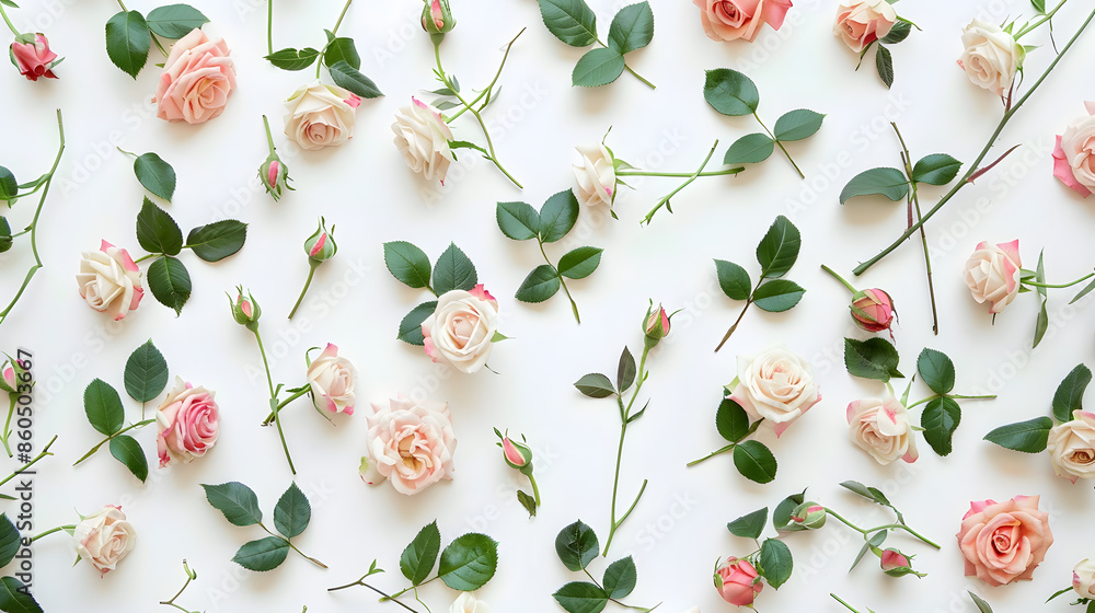 Poster floral pattern made of pink and beige roses green leaves branches on white background flat lay top v