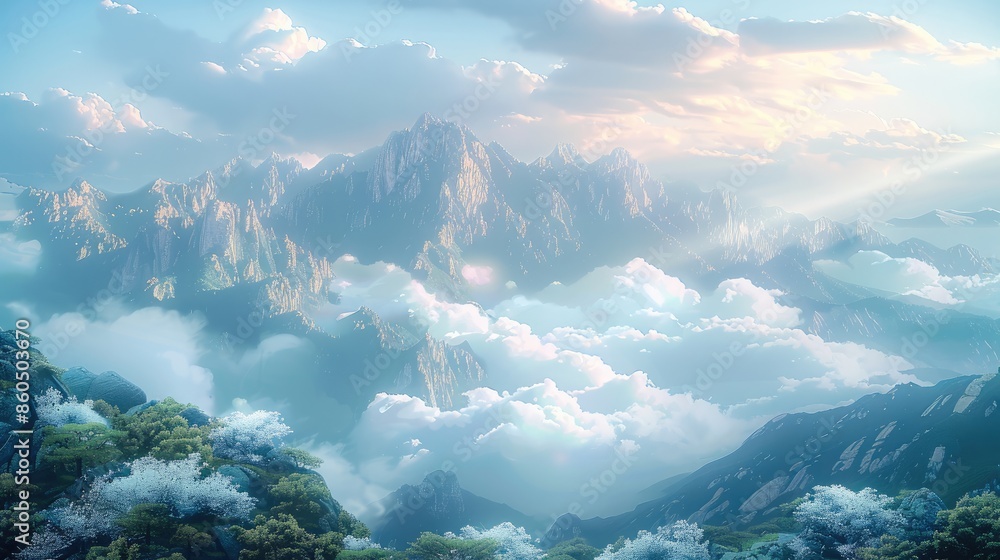 Aufkleber a tranquil and grand mountain range stands bathed in the gentle light of the early morning sun, with