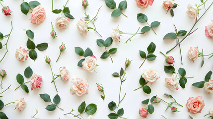 Floral pattern made of pink and beige roses green leaves branches on white background Flat lay top view Valentines background Floral pattern Pattern of flowers Flowers pattern texture : Generative AI