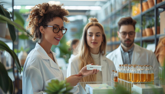 A diverse group of individuals, representing various roles within the industry, including scientists, marketers, and product designers. They are engaged in eco-friendly workspace. Generative AI.