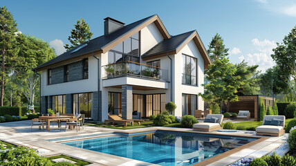 3d rendering of modern cozy house in the garden with garage for sale or rent with beautiful pool in the yard. Clear sunny summer day with blue sky.