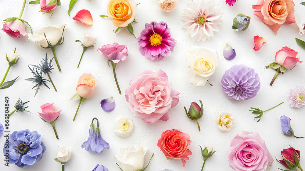 Poster flat lay of fresh flowers on white background : generative ai