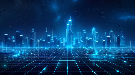 Futuristic Glowing Cityscape Against a Starry Night Sky, Featuring Illuminated Skyscrapers and a Grid-Patterned Ground, Symbolizing Advanced Technology and Innovation