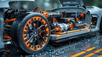 Cutaway view of an electric vehicle drivetrain, showcasing detailed engineering and technology, photorealistic style in an educational context, emphasizing innovation. 