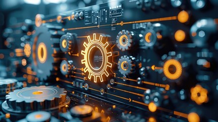 A dynamic, modern business setting featuring professionals working with advanced technology and streamlined processes. Symbols of productivity and growth, like charts and gears. Generative AI.