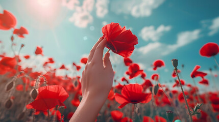 Female hands hold a red poppy flower against the background of a red field of poppies beautiful fluffy blue sky Copy space close up macro flower : Generative AI