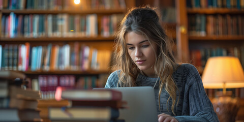 Young Woman Studying With Laptop in a Library