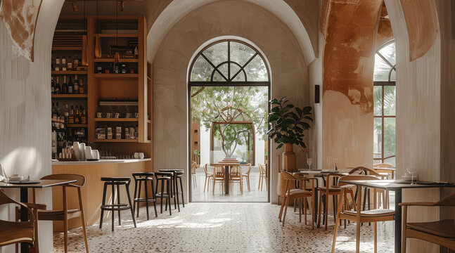 Cafe interior, modern style with terracotta tiles and arched doorways. In the center of an archway leading to another room is one wall in beige color. The walls have terrazzo flooring. Generative AI.