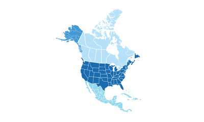 Map of north america isolated modern colorful style. for website layouts, background, education, precise, customizable, Travel worldwide, map silhouette backdrop, earth geography, political, reports.