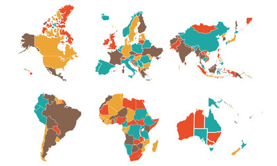 Obraz premium world map divided into continents isolated modern colorful style. for website layouts, background, education, precise, customizable, Travel worldwide, map silhouette backdrop, earth geography.