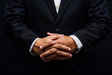 Obraz premium Business man hands crossed. Studio shoot. Copy space for text