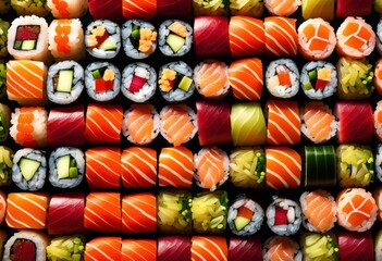 perfectly aligned sushi rolls symmetrical japanese cuisine artistry, formation, raw, fish, maki, presentation, precision, culinary, design, aesthetic, arrangement