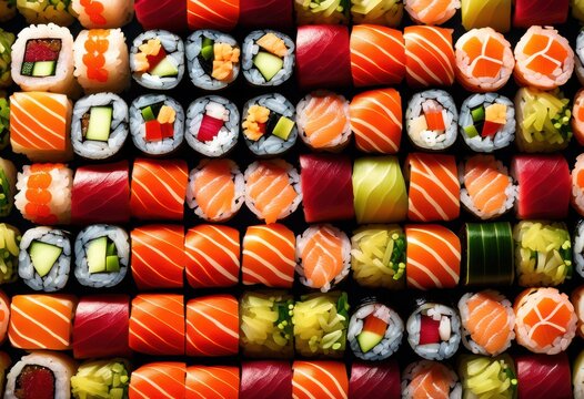 perfectly aligned sushi rolls symmetrical japanese cuisine artistry, formation, raw, fish, maki, presentation, precision, culinary, design, aesthetic, arrangement
