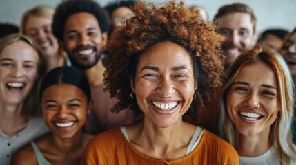 Obraz premium A crowd of laughing people, mixed races, young and old, white background. Generative AI.