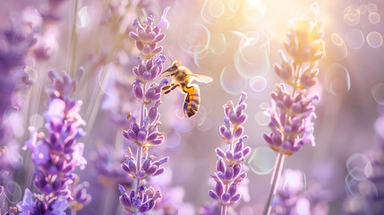The honey bee pollinates lavender flowers Summer background of lavender flowers with bees :...