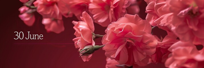 June 30 Date with Close-up Pink Flowers on Red Background