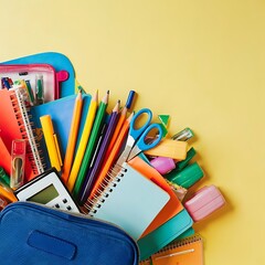 Flat lay composition with different school stationery on yellow background. Back to school

