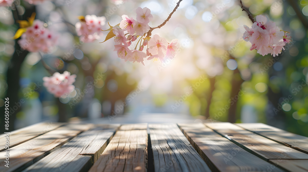 Aufkleber Empty wooden table in Sakura flower Park with garden bokeh background with a country outdoor theme Template mock up for display of product : Generative AI