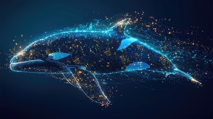 flat 2D illustrate with glowing blue killer whale made of digital particles with geometric lines, Particles go from light to dark, yellow, green and blue light, black background. Generative AI.