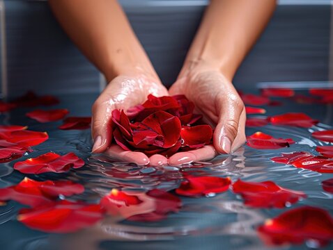 Hands holding red rose petals in a relaxing water bath - Powered by Adobe