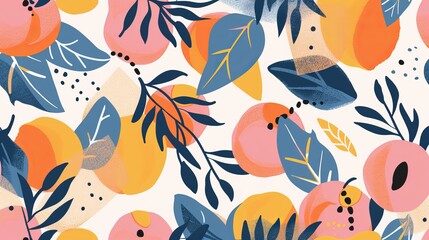 Naklejka premium Cute summery pattern with peaches, leaves, and abstract shapes. Perfect for clothing, cards, wrapping paper, and more.