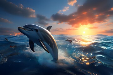 Fototapeta premium Dolphin living in its natural habitat, in the beatiful sea swimming and jumping out of the water