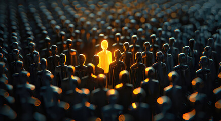 Obraz premium A pattern of ebony businessmen figures in 3D, with an exceptional gold figure in between illuminated by a narrow beam of light. Generative AI.