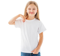 Cute smiling little girl showing white blank t-shirt isolated on a white background