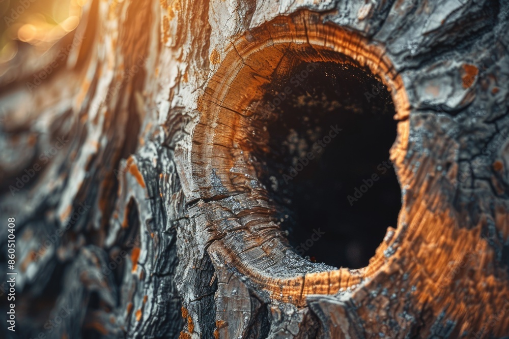 Aufkleber a close-up view of a tree trunk with a hole, suitable for use as a texture or design element