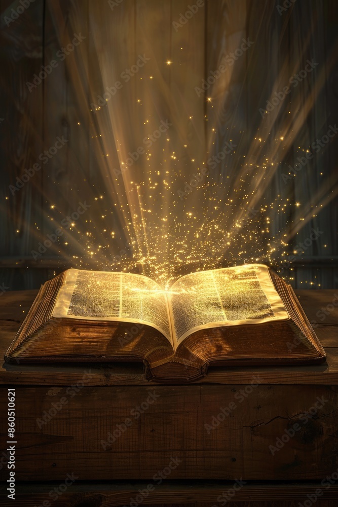 Poster an open book sitting on a wooden table with lights emanating from within, providing a warm and invit
