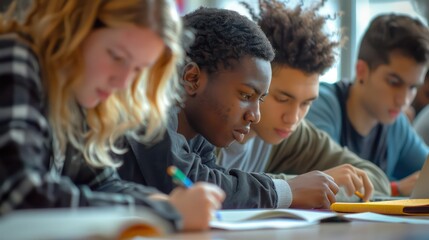 A diverse group of students working together on a project in a classroom