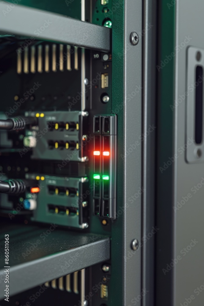 Poster a close-up view of an electrical rack with wires and switches, suitable for technical or instruction