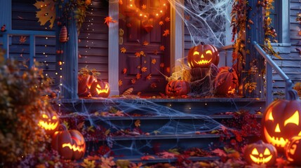Obraz premium A festive image of a porch decorated with glowing jack-o'-lanterns, autumn leaves, and spooky cobwebs