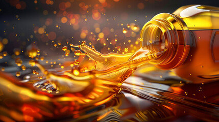 Engine oil bottle with splashes and drops, promoting a synthetic or mineral oil change service for car engines.