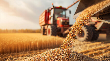 Against the background of the agricultural landscape, the moment of pouring the soybean harvest into the tractor trailer is visible.