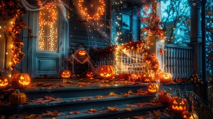 Obraz premium A festive image of a porch decorated with glowing jack-o'-lanterns, autumn leaves, and spooky cobwebs