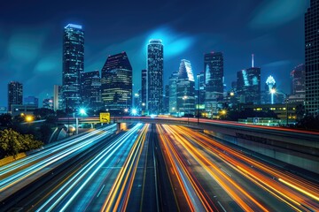 Fototapeta premium A cityscape at night with long exposure capturing light trails, great for travel or urban themes