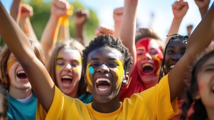 A group of students cheering during a school sporting event, their faces painted with school colors
