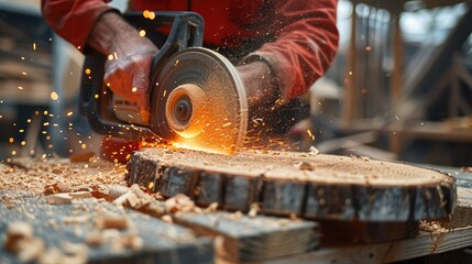 Carpenter using a circular saw dropping the cut piece. Generative AI.