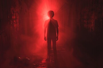 Obraz premium A person stands in a dimly lit room, illuminated only by a faint red glow