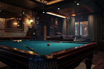 A pool table situated in a cozy living room next to a comfortable couch