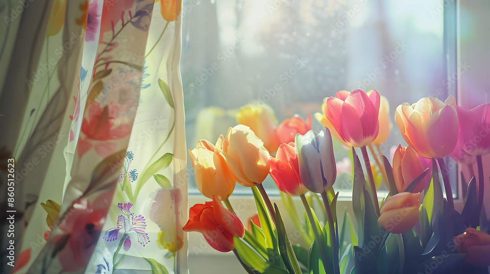 Poster mix of tulips flowers near the window : generative ai