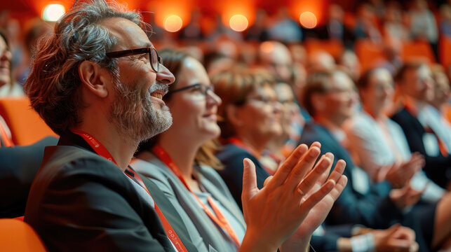 Auditorium filled with many people, sitting and clapping enthusiastically at a medical conference. The audience, diverse in age and gender, radiates expressions of joy and engagement. Generative AI.